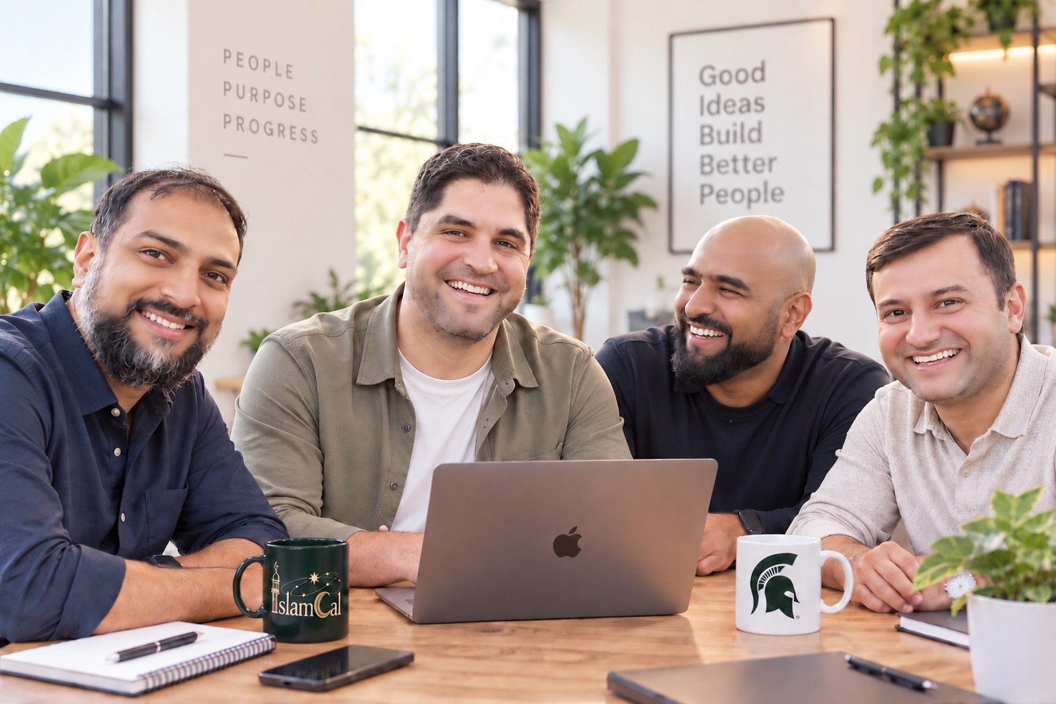 Four friends seated together around a table, smiling